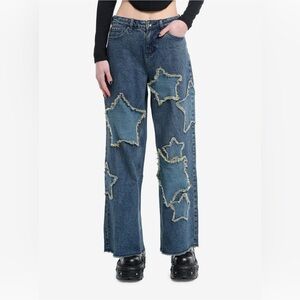 Star Patch Wide Leg Jeans Denim‎ Frayed Star Hi Rise Size 7 NWT